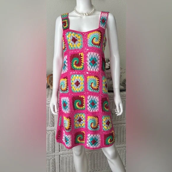 Cotton Emporium Granny Squares Knit Mini Dress in Multi Colored Size Large - Picture 1 of 7
